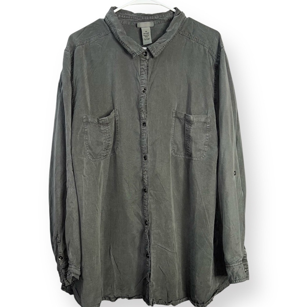 Catherines Gray‎ Lyocell Button Down Shirt Plus Size 3X 26/28W Roll Tab Sleeve